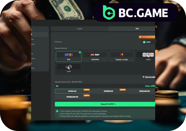 Third step for deposit BC Game